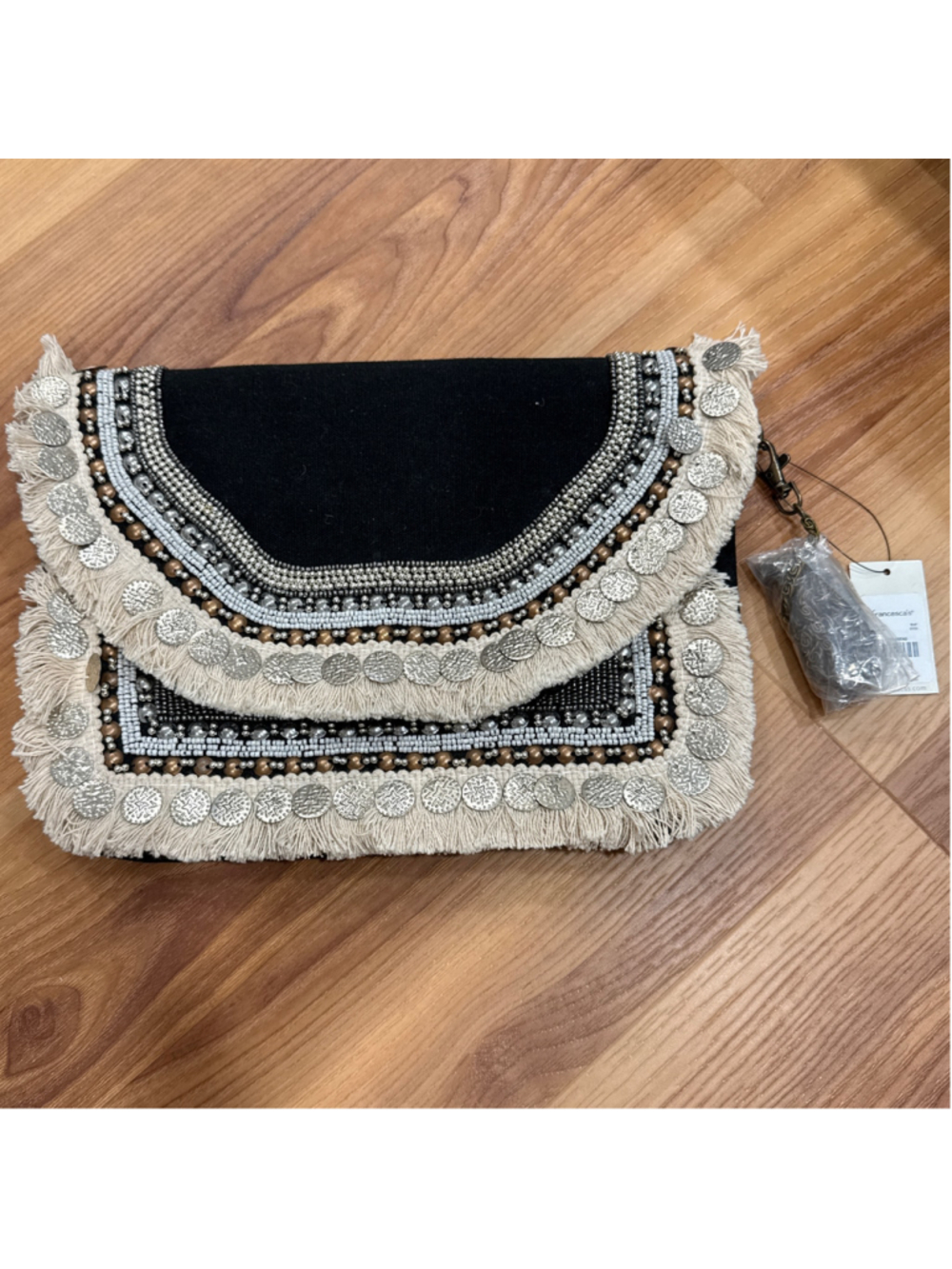 NWT Women's Francesca's Black & Beige Fringe Beaded Clutch One Size